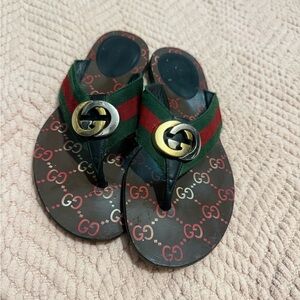 Gucci Brown Flip Flop Sandals with Green & Red Web Stripe